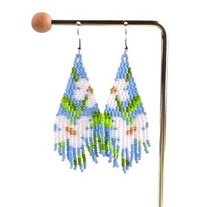 Floral Beaded Blue White Dangle Earrings flowers cruise‎ beach gift